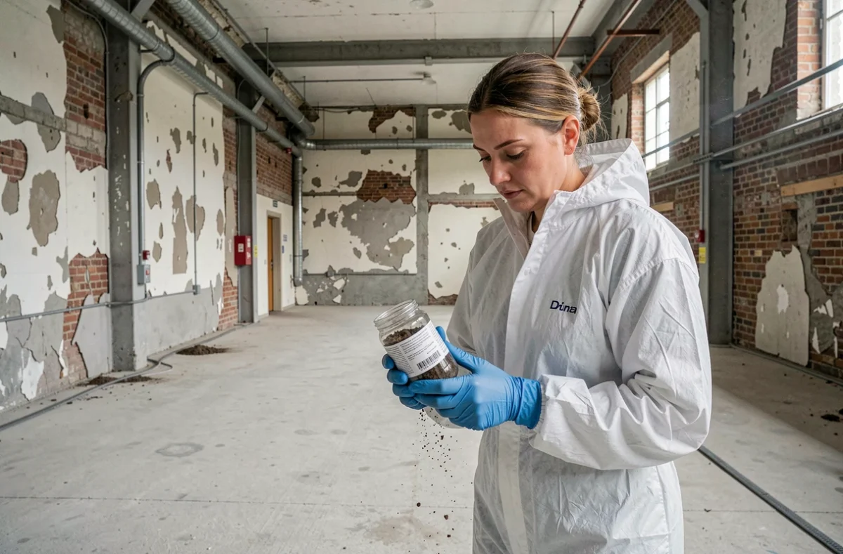 Spécialiste AC Environnement prélevant un échantillon environnemental dans un bâtiment industriel en rénovation en Isère