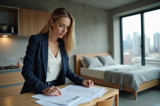 Femme étudiant des documents immobiliers dans un studio moderne avec vue urbaine, illustrant l'achat d'un studio