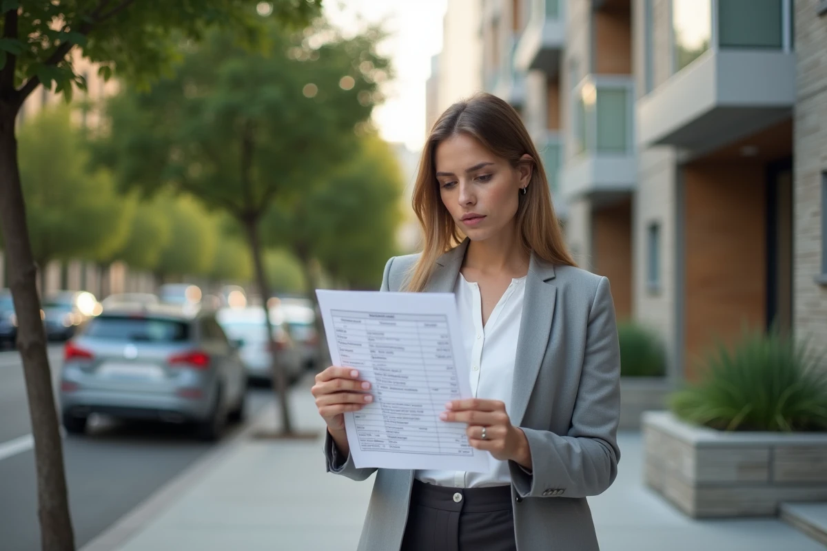 Femme acquéreur étudiant les frais d'honoraires devant un immeuble résidentiel