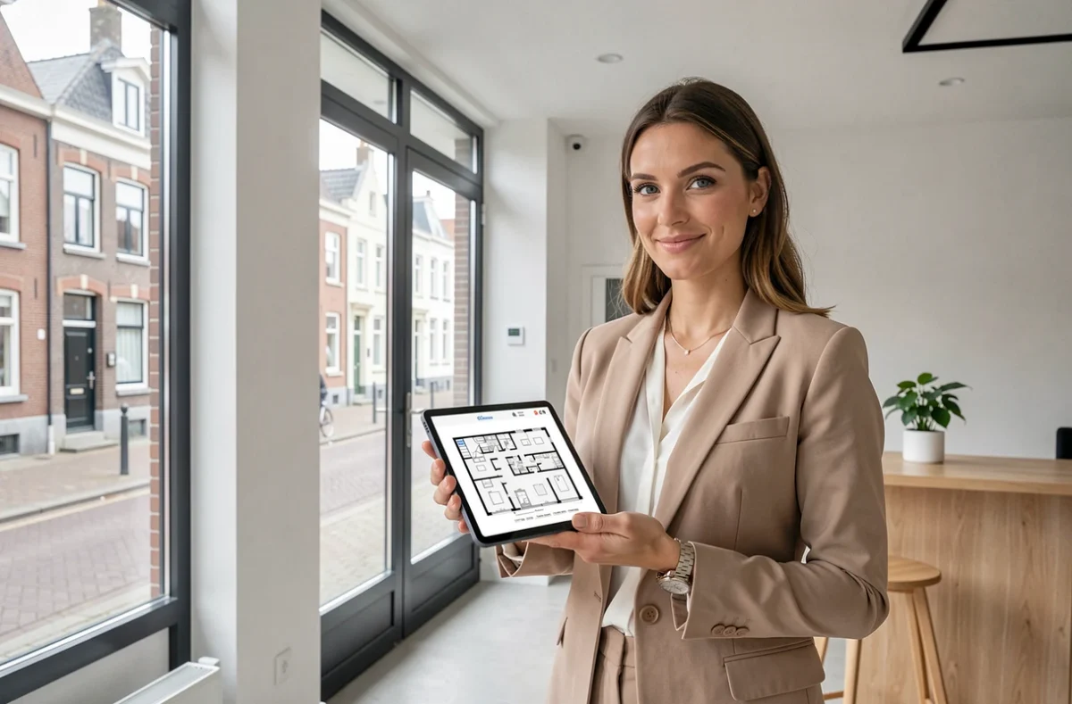 Conseillère de l'agence Sergic Lille présentant des plans de biens immobiliers sur tablette