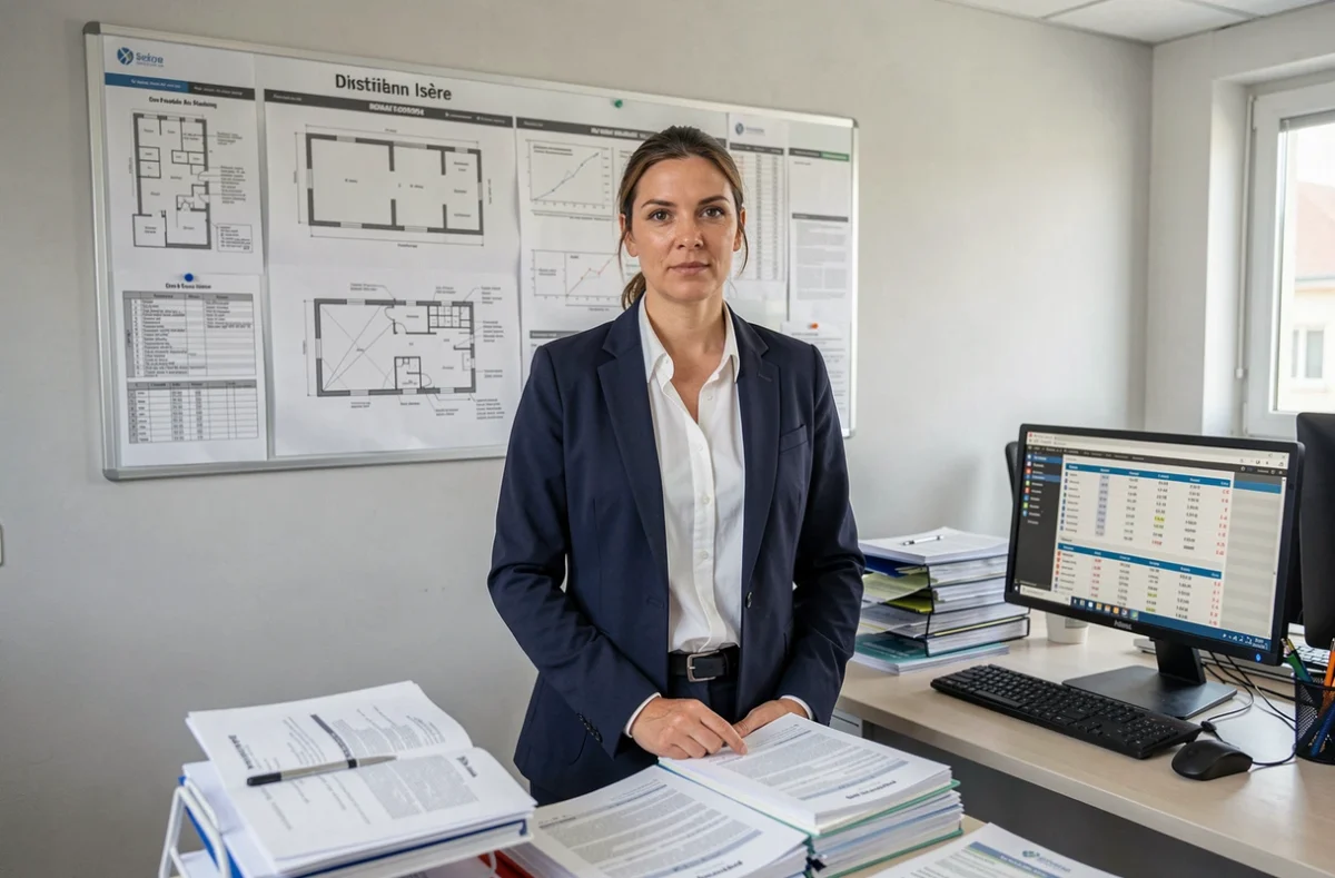 Professionnelle d'Agenda Diagnostics gérant les plannings d'inspection dans un bureau organisé en Isère