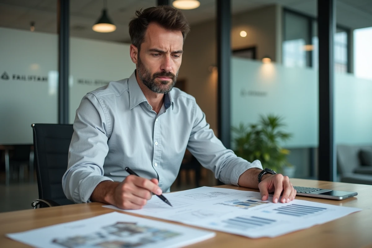 Agent immobilier masculin analysant des plans et données de marché dans une agence moderne