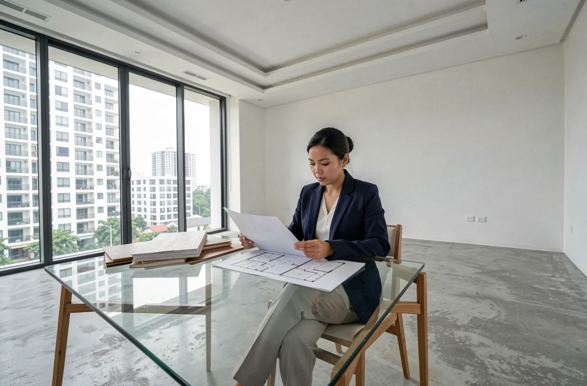 Agent immobilier thaïlandaise présentant les plans d'un appartement condo à Bangkok pour un acheteur retraité