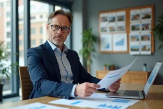 Agent immobilier analysant des documents dans une agence moderne face à une crise du marché