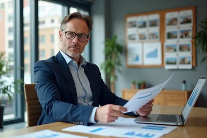 Agent immobilier analysant des documents dans une agence moderne face à une crise du marché