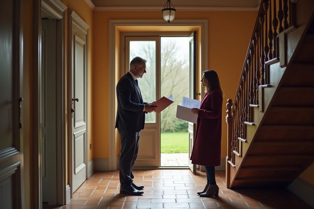 Agent immobilier et propriétaire consultant les certificats de diagnostic lors d'une visite avant vente