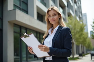 Agent immobilière professionnelle devant un immeuble moderne tenant des documents de vente