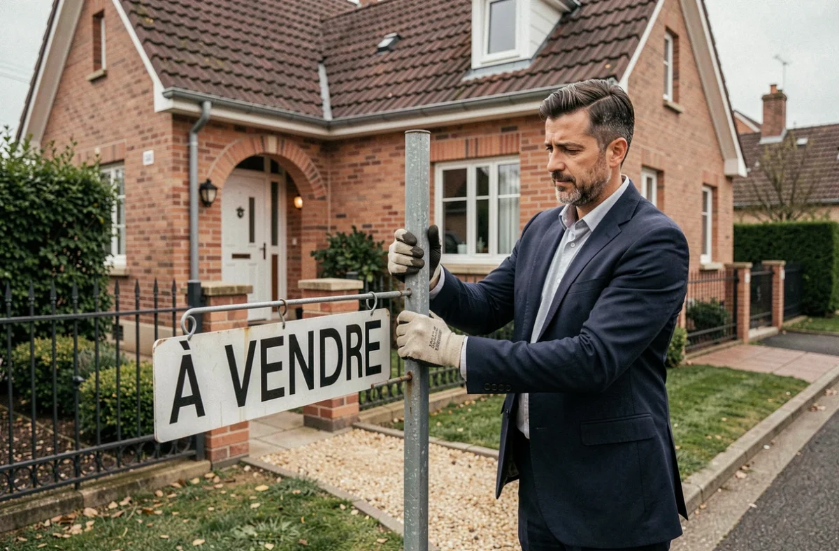 Agent immobilier installant un panneau à vendre devant une maison en briques sur une rue résidentielle calme