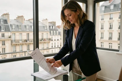 Agent immobilière analysant les prix des loyers à Lyon dans un bureau avec vue sur la ville