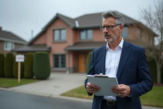 Agent immobilier tenant des documents devant une maison à vendre dans un quartier résidentiel, illustrant la baisse des prix de l'immobilier