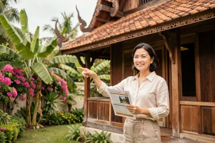 Agent immobilier thaïlandaise présentant une maison traditionnelle à vendre en Thaïlande entourée d'un jardin tropical