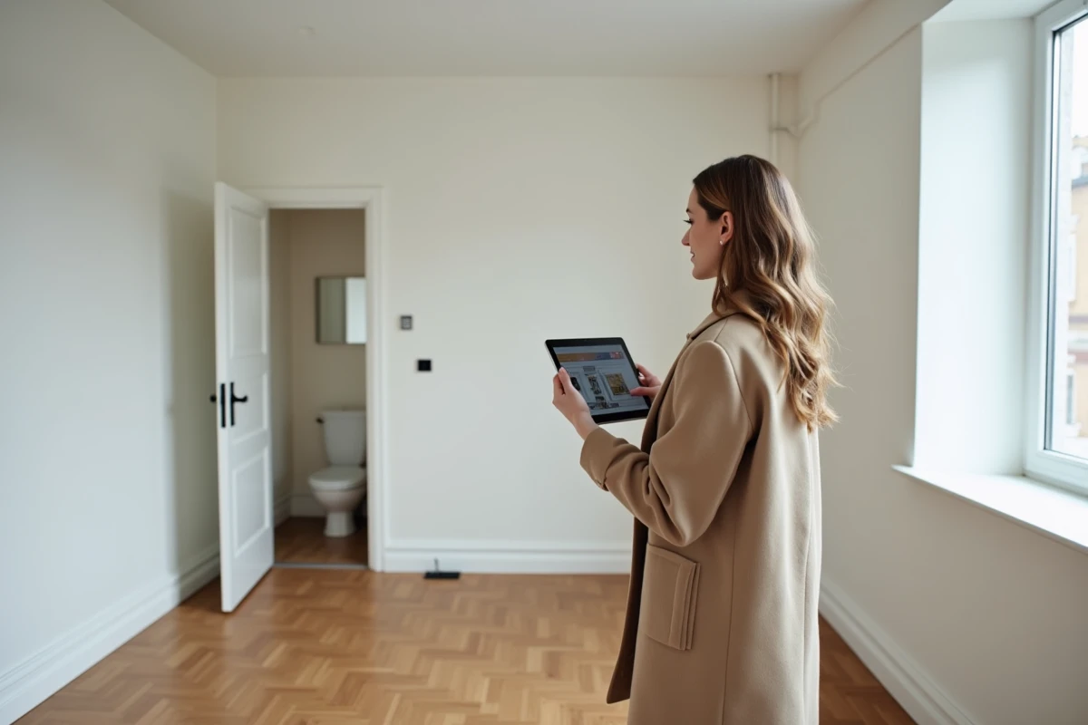 Agent immobilier présentant un studio vide à vendre lors d'une visite, avec parquet et murs blancs