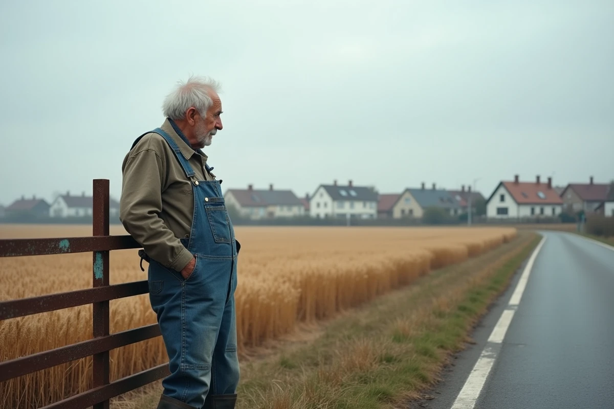 Agriculteur âgé debout près de sa parcelle cultivée avec des lotissements périurbains visibles en arrière-plan