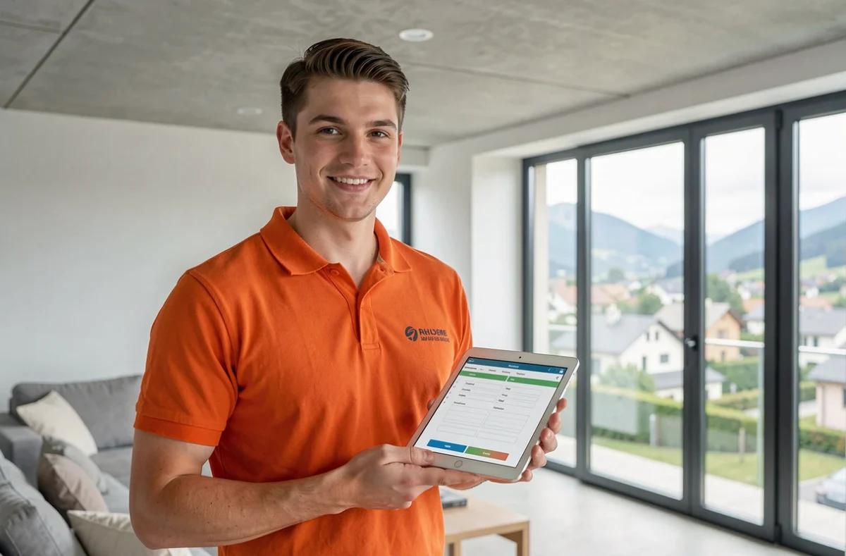 Technicien Allodiagnostic présentant un rapport de diagnostic numérique dans un appartement neuf en Isère