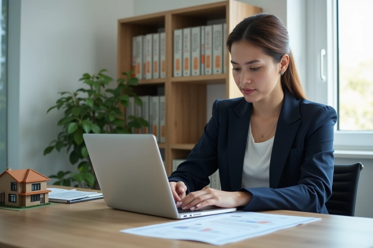 Professionnelle de l'immobilier analysant l'amortissement fiscal d'un parking sur ordinateur dans un bureau