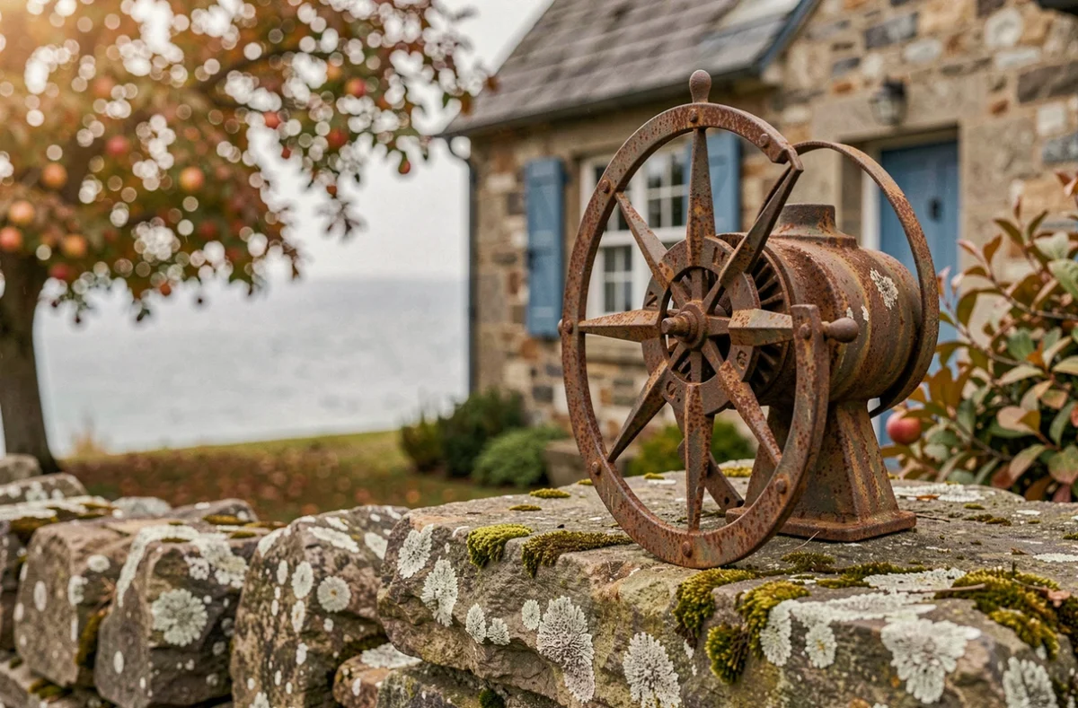 Anémomètre et boussole sur un mur en granit devant une maison normande avec vue sur la mer