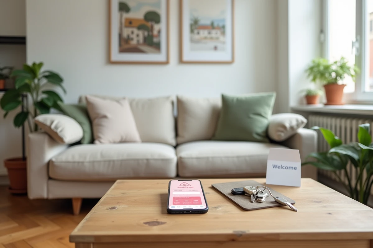 Appartement Airbnb élégamment décoré avec smartphone affichant l'application de location courte durée