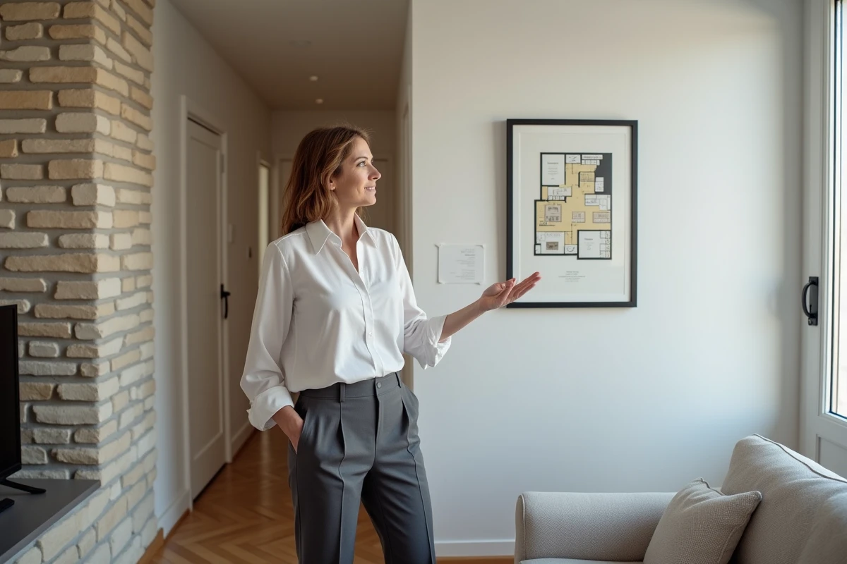 Agent immobilière présentant un appartement meublé en location dans le cadre du régime LMNP
