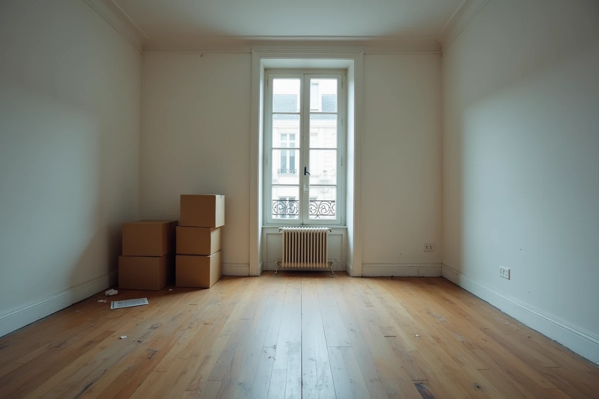 Appartement vacant avec avis fiscal au sol illustrant la taxe sur logement inoccupé en France