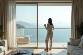 Femme admirant la vue sur mer depuis le balcon d'un appartement moderne à vendre en bord de côte méditerranéenne
