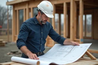 Architecte sur un chantier de construction consultant des plans, portant un casque de sécurité blanc, illustrant la gestion des assurances pendant les travaux