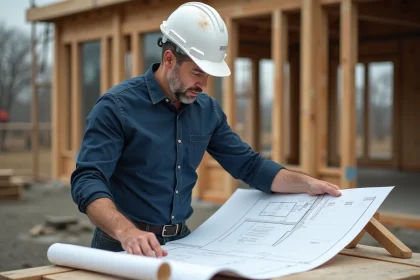 Architecte sur un chantier de construction consultant des plans, portant un casque de sécurité blanc, illustrant la gestion des assurances pendant les travaux