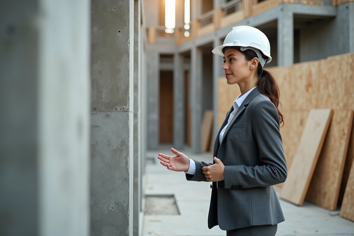Architecte féminine discutant de l'avancement des travaux devant un mur en béton brut