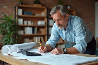 Architecte consultant un dossier de permis de construire sur un bureau couvert de plans et formulaires administratifs