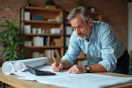 Architecte consultant un dossier de permis de construire sur un bureau couvert de plans et formulaires administratifs