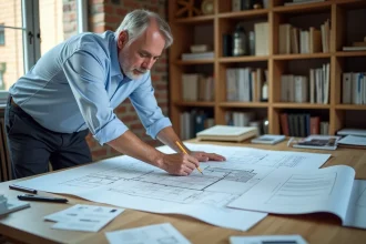 Architecte examinant des plans de permis de construire pour un agrandissement de maison