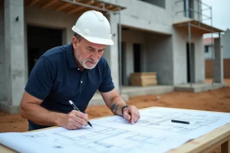 Architecte en casque blanc examinant des plans techniques sur un chantier de construction résidentiel