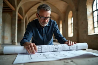 Architecte examinant des plans de rénovation dans un monument historique avec échafaudages en pierre apparente