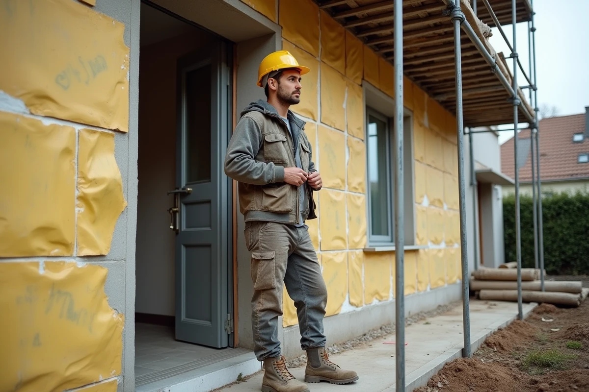 Artisan installant une isolation thermique sur la façade d'une maison en cours de rénovation