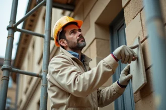 Artisan façadier appliquant un enduit sur une façade en pierre d'une maison ancienne avec une truelle, en tenue de travail professionnelle sur échafaudage