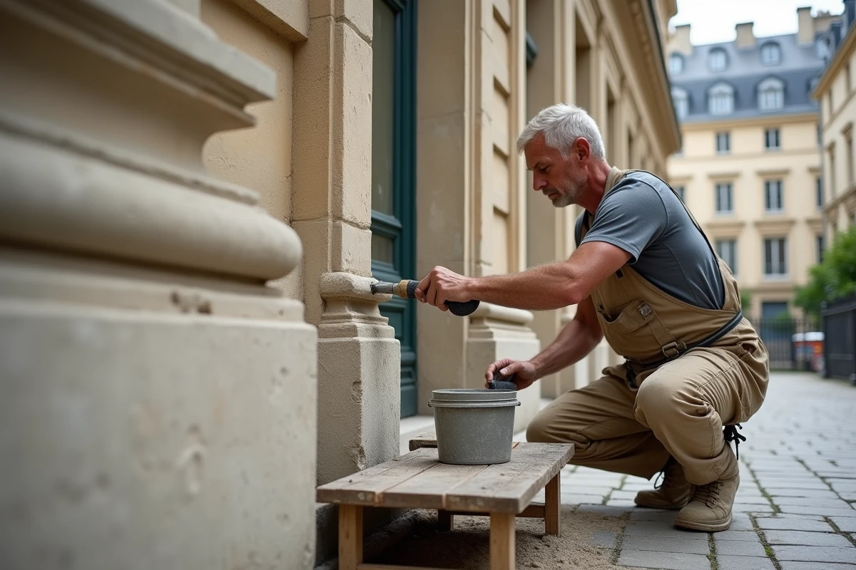 Artisan tailleur de pierre effectuant des travaux de restauration sur la façade d'un monument historique classé