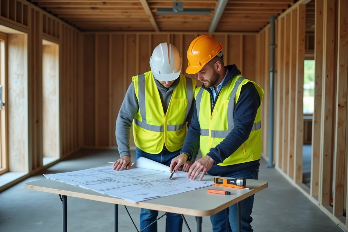 Artisans du bâtiment consultant des plans architecturaux dans une extension de 30m2 en cours de construction avec ossature métallique apparente