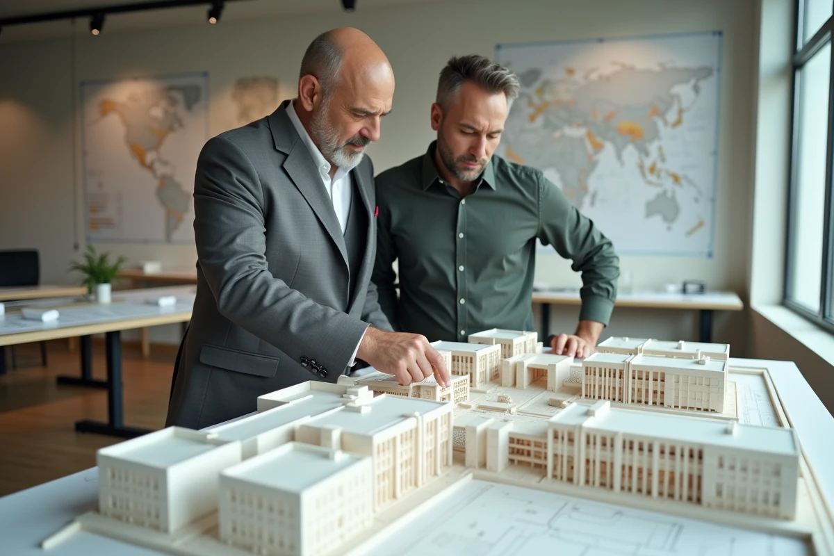 Deux associés en immobilier discutant d'un projet de crowdfunding devant une maquette architecturale