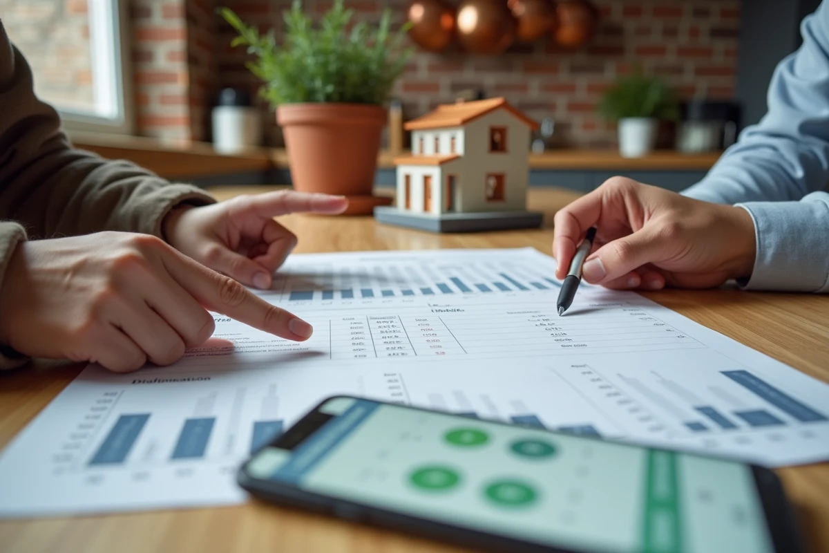 Associés SCI étudiant un plan de financement immobilier autour d'une table avec une calculatrice hypothécaire
