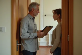 Propriétaire frappant à la porte d'un appartement loué, locataire entrouvrant la porte avec une expression réservée dans un couloir d'immeuble résidentiel
