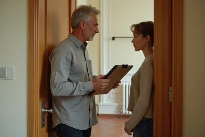 Propriétaire frappant à la porte d'un appartement loué, locataire entrouvrant la porte avec une expression réservée dans un couloir d'immeuble résidentiel
