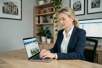 Bailleuse professionnelle gérant ses locations en ligne via un espace client sur ordinateur portable dans un bureau à domicile moderne