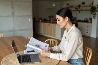 Femme consultant un budget pour meubler un appartement T3 avec des catalogues de meubles sur une table en bois