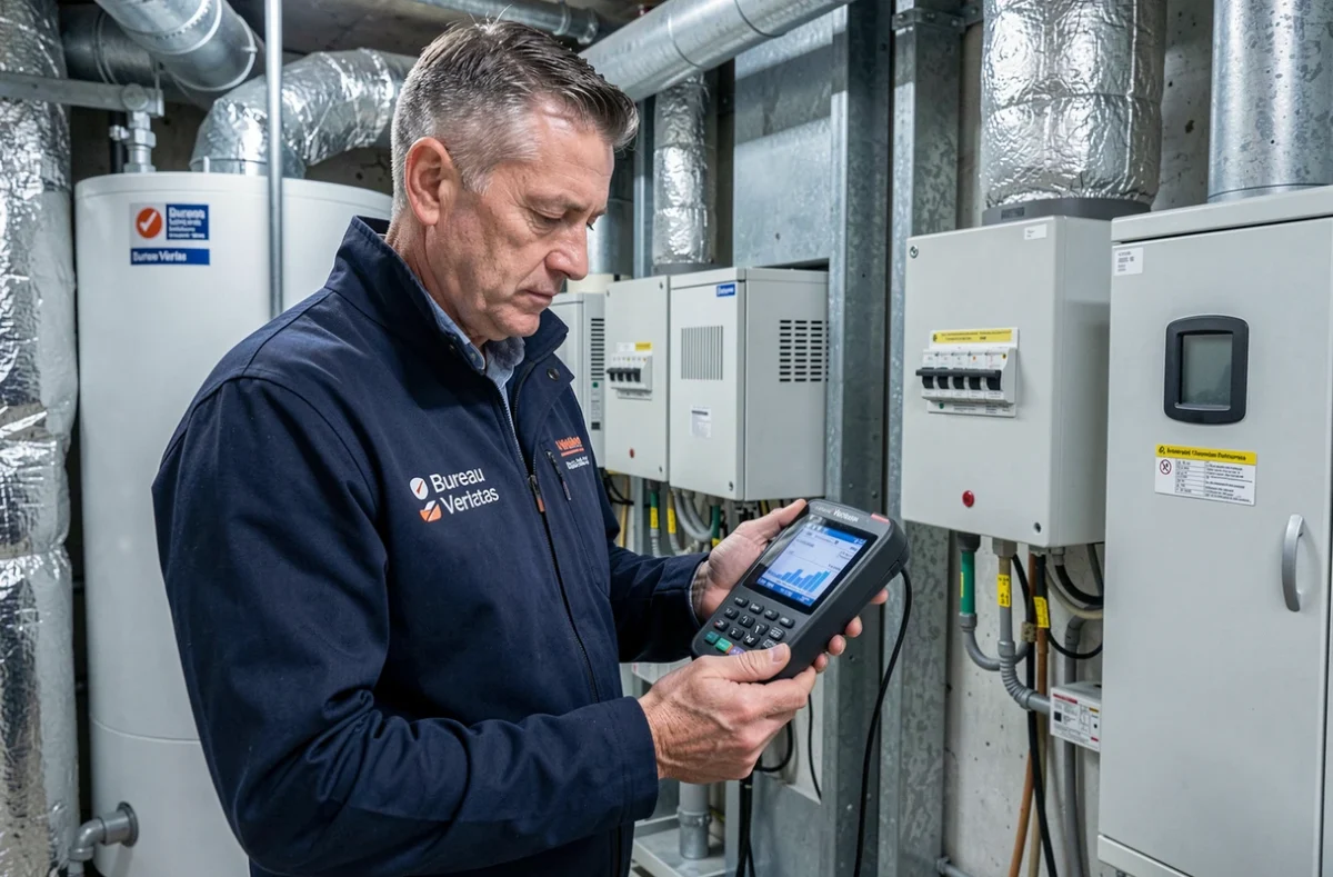 Inspecteur certifié Bureau Veritas Diagnostic Immobilier mesurant la performance énergétique d'un local technique commercial en Isère