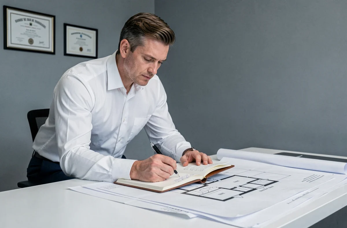 Expert du cabinet Delavalle Expertises analysant des plans architecturaux pour une expertise immobilière