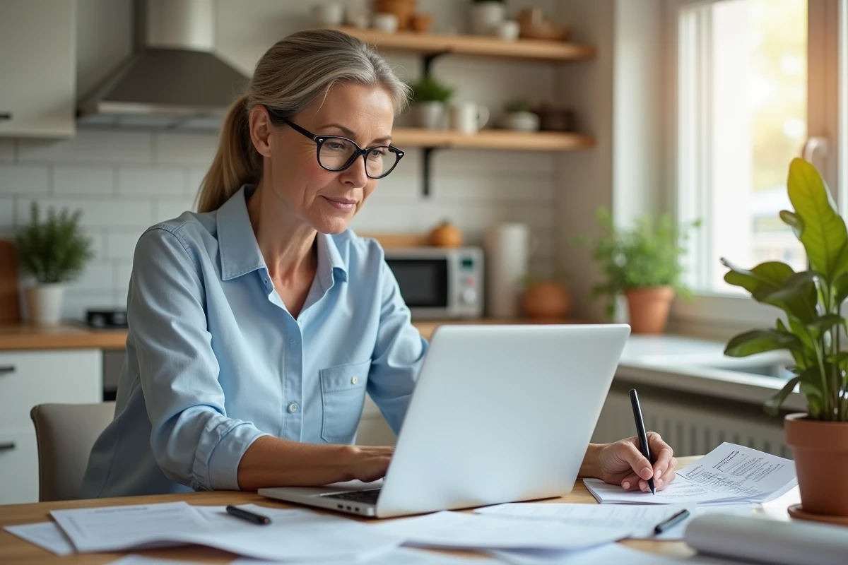 Femme calculant les pénalités de remboursement anticipé de son prêt immobilier avec un ordinateur portable et des relevés bancaires