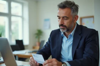 Homme tenant une carte de résident de 10 ans dans un bureau administratif en France