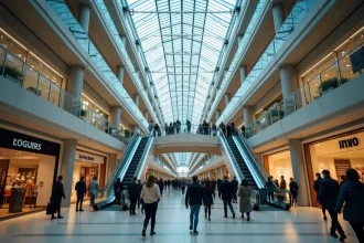 Intérieur du centre commercial de la Part-Dieu à Lyon avec vue sur plusieurs niveaux et l'atrium central en verre