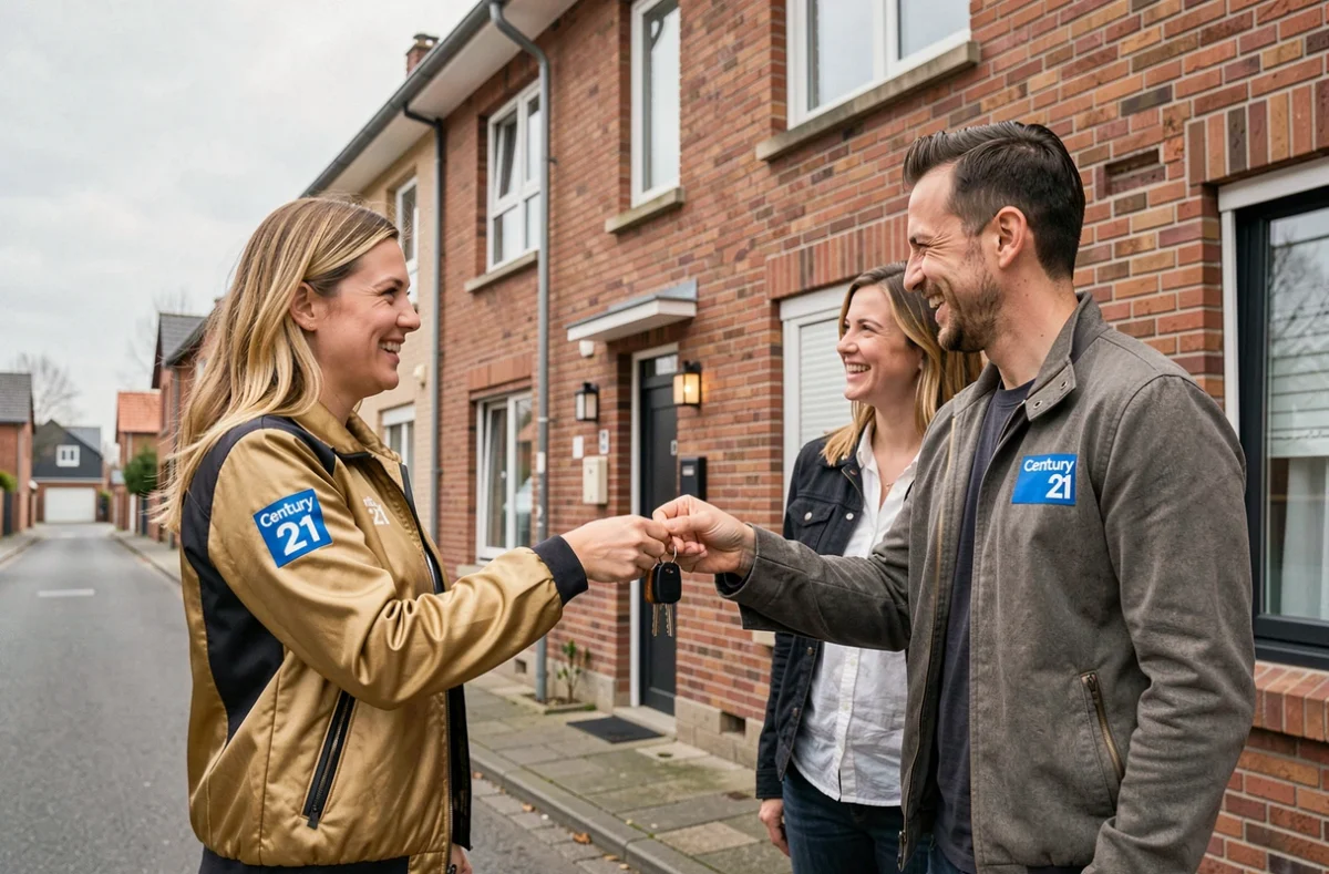 Agente Century 21 Roubaix remettant les clés d'un bien immobilier à un couple d'acheteurs devant une maison en brique