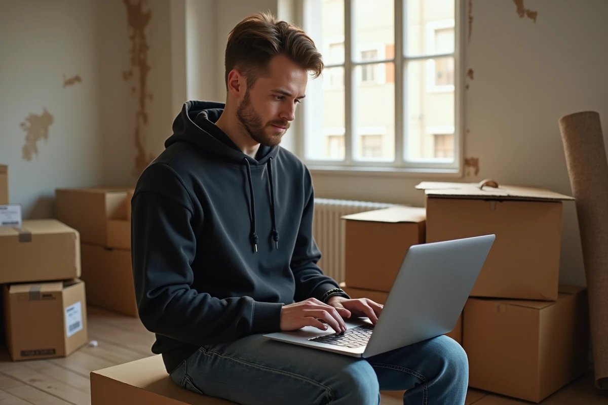 Jeune homme effectuant un changement d'adresse en ligne lors d'un déménagement