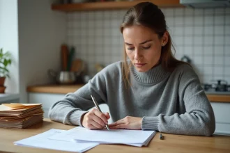 Femme remplissant un formulaire de changement d'adresse administratif à la maison